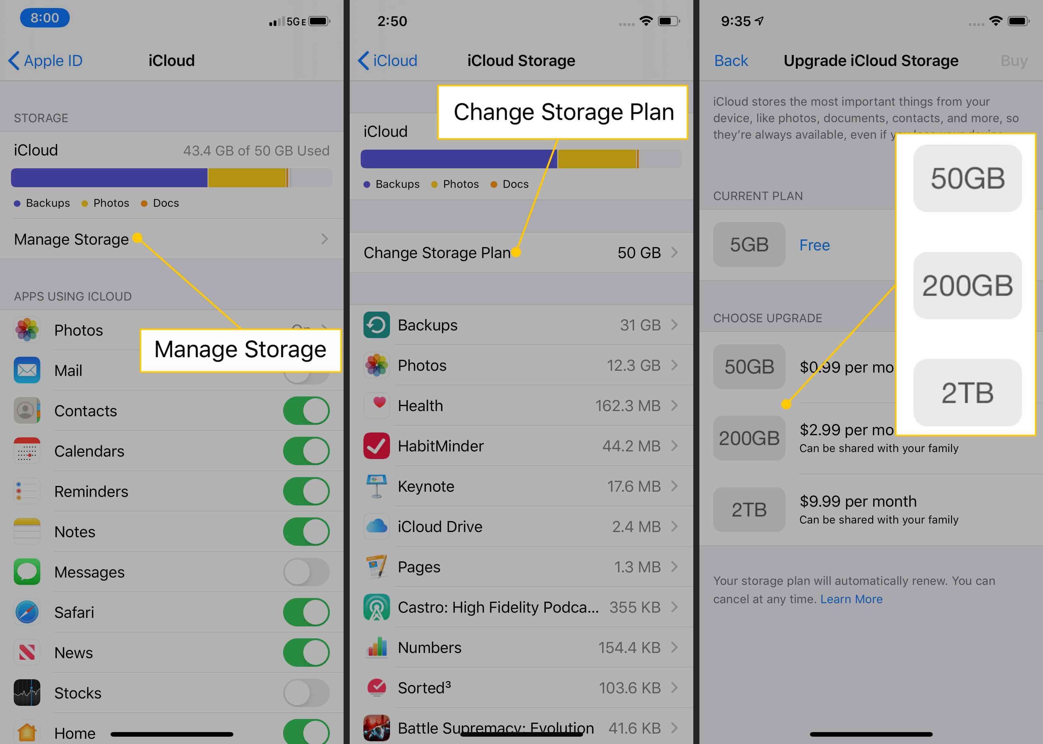 Správa úložiště, změna plánu úložiště, možnosti úložiště v systému iOS