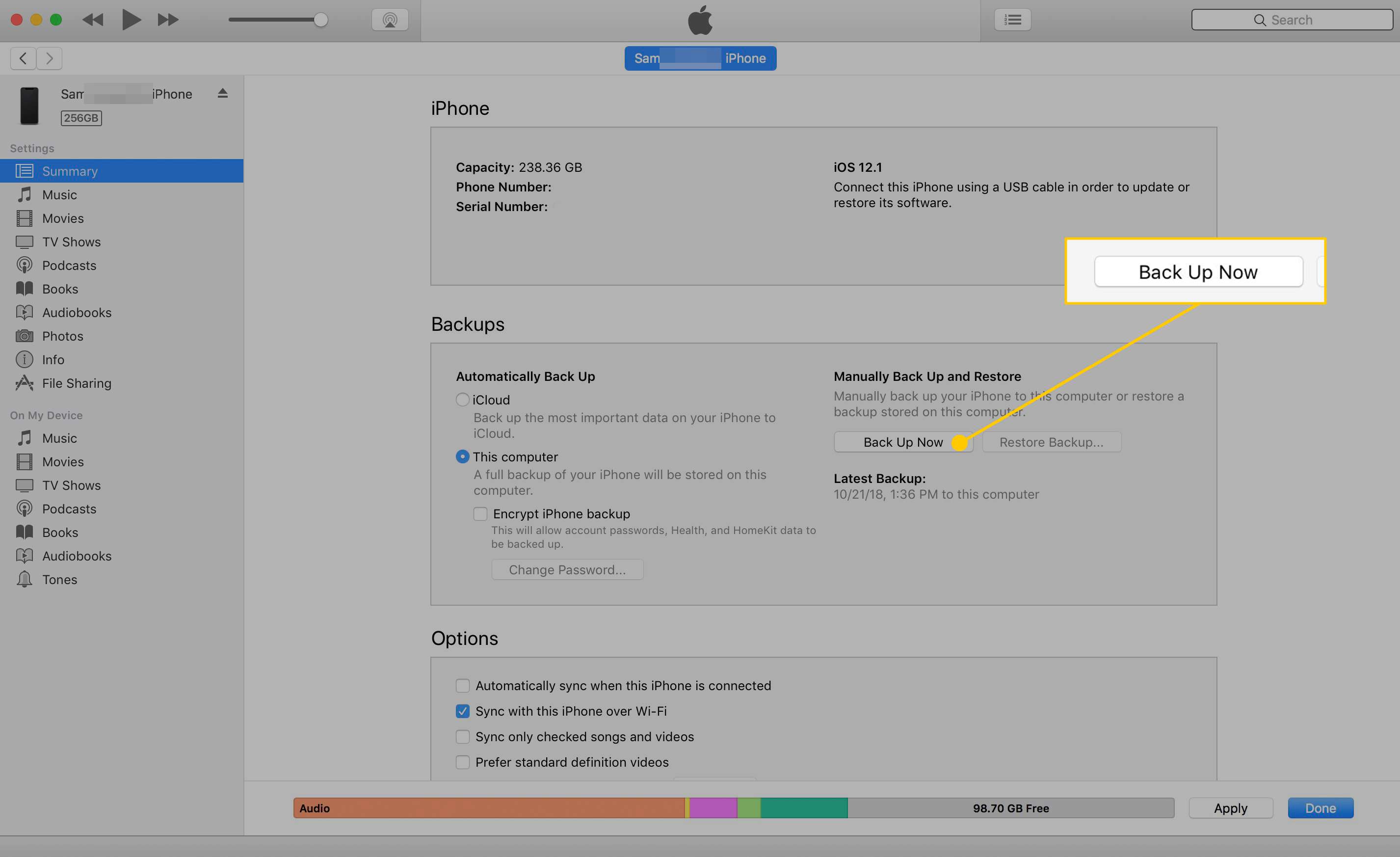 Tlačítko Zálohovat nyní v iTunes pro macOS Mojave a starší