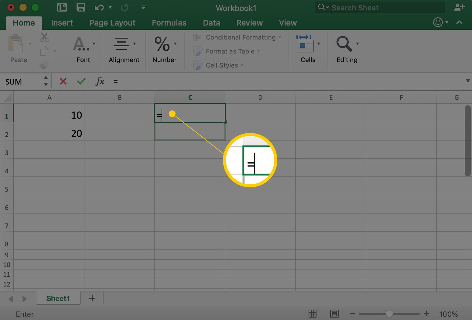 Excel zobrazuje buňku C1 se symbolem =