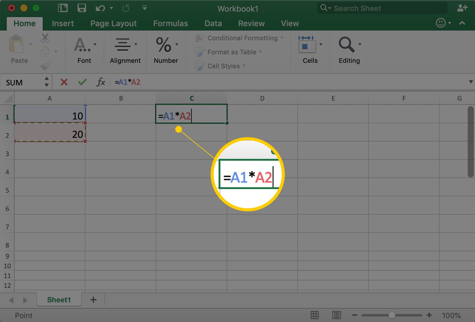 Excel ukazuje buňku C1 s = A1*A2 v ní