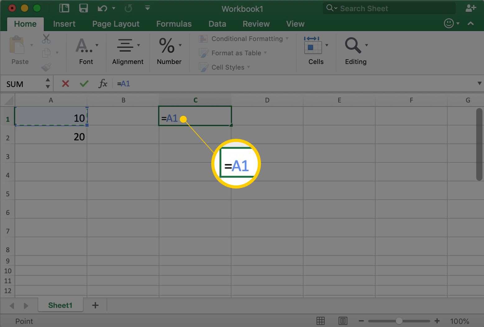 Excel zobrazuje buňku C1 a v ní = A1