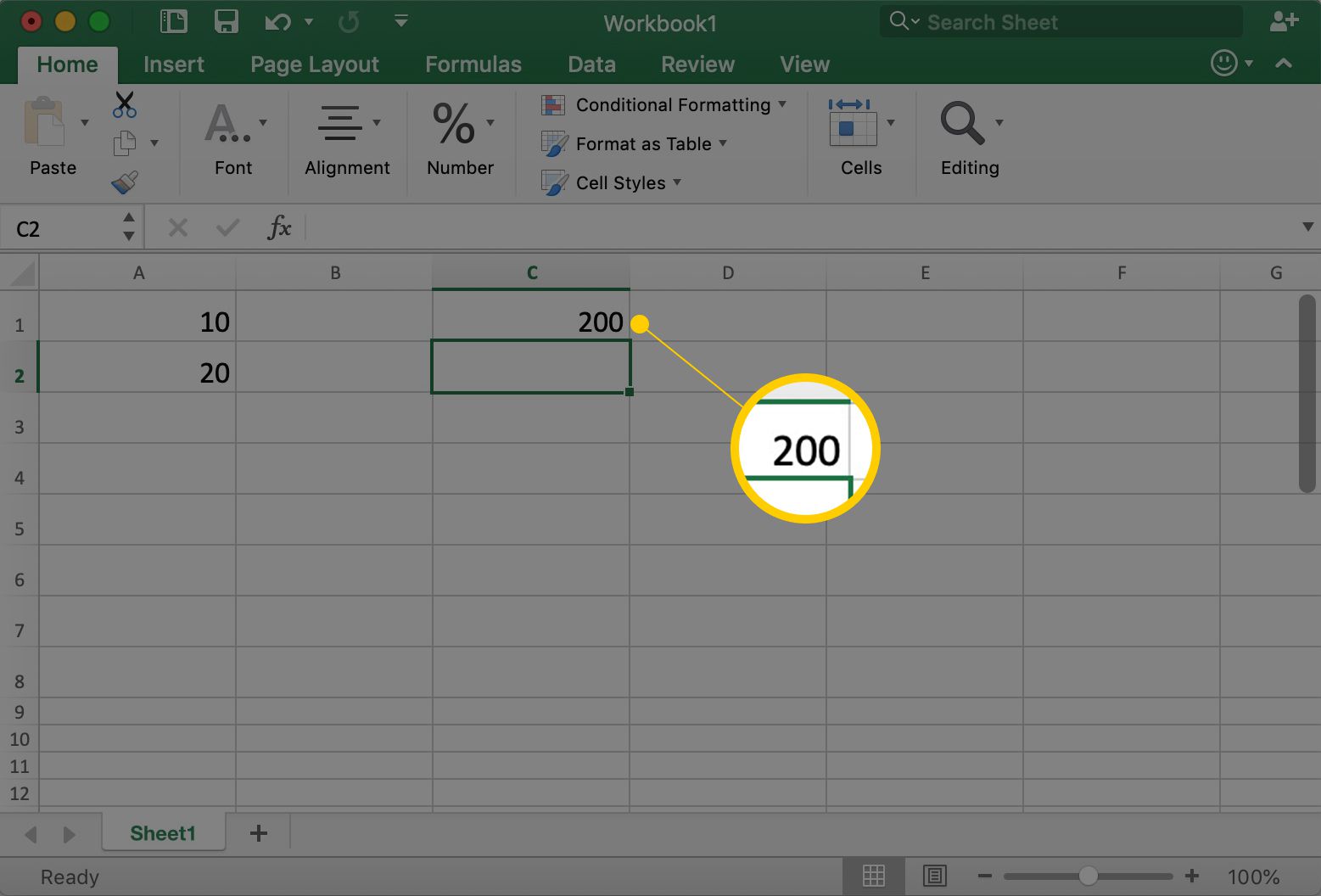 Excel ukazuje buňku A1 s číslem 200