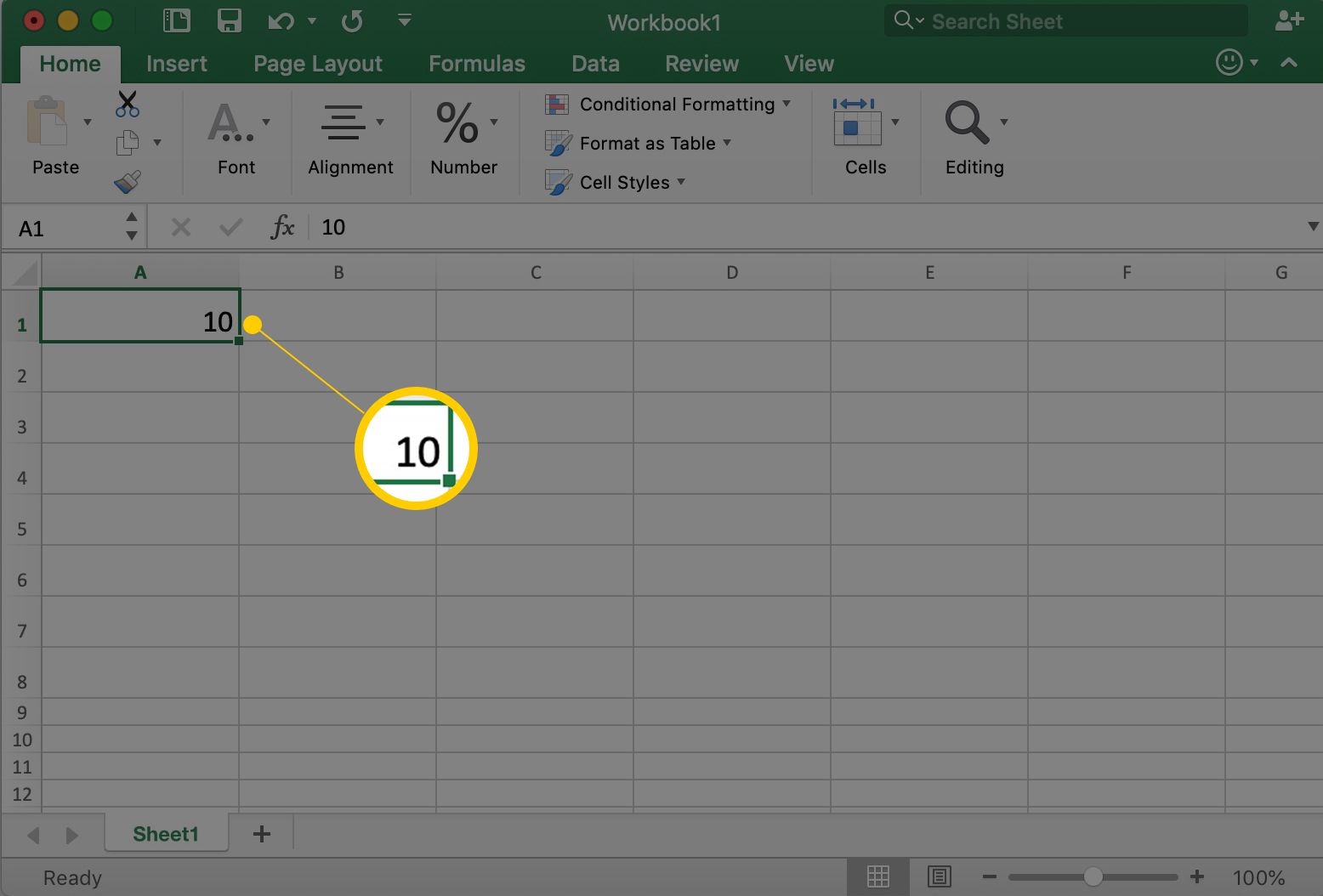 Excel ukazuje buňku A1 s číslem 10