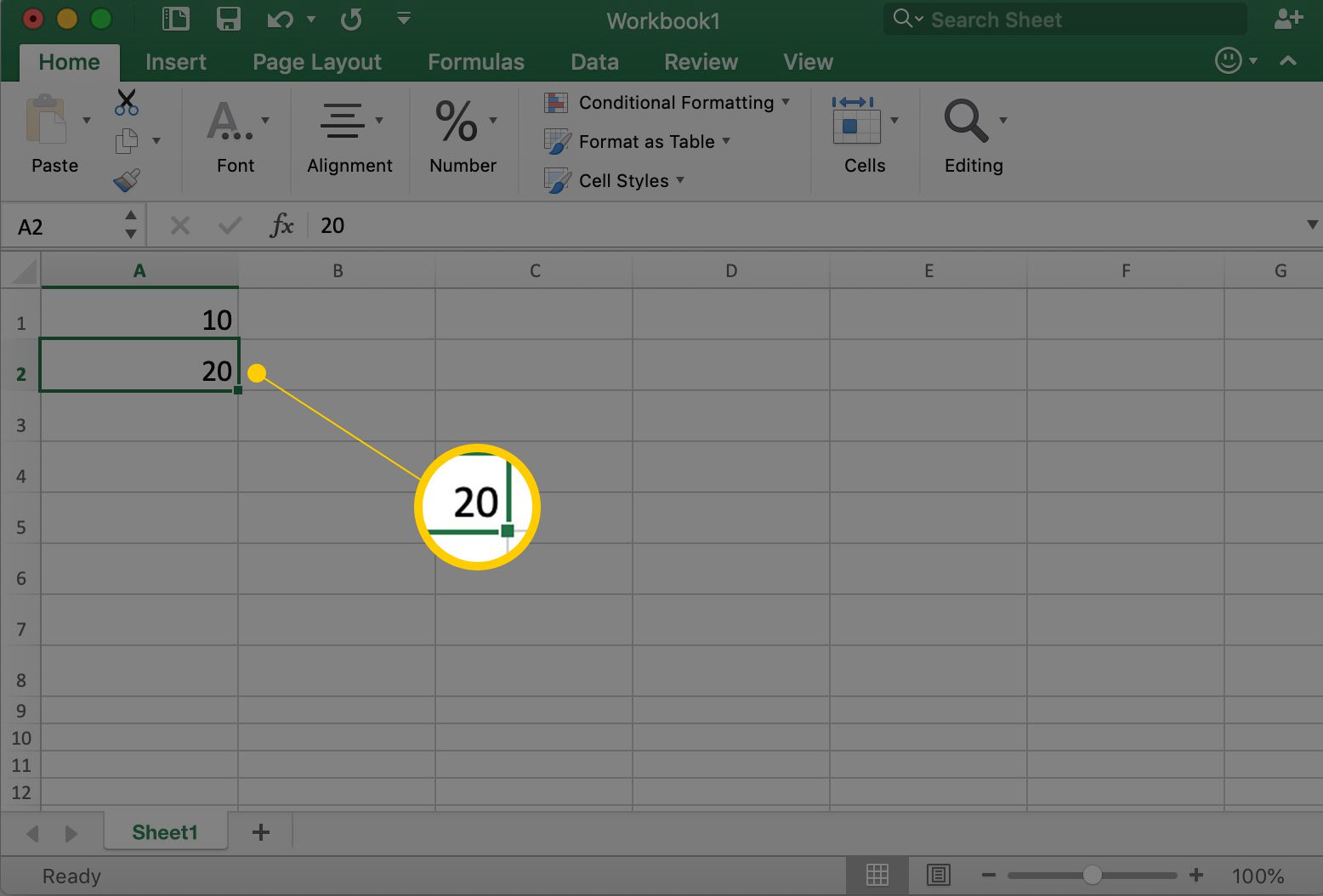 Excel ukazuje buňku A2 s číslem 20