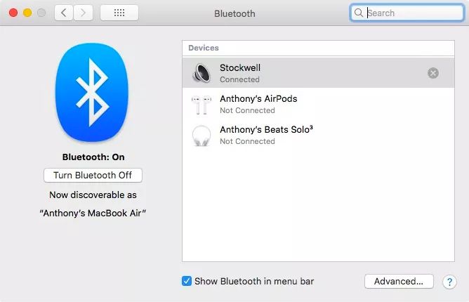 Předvolby systému Bluetooth v systému macOS