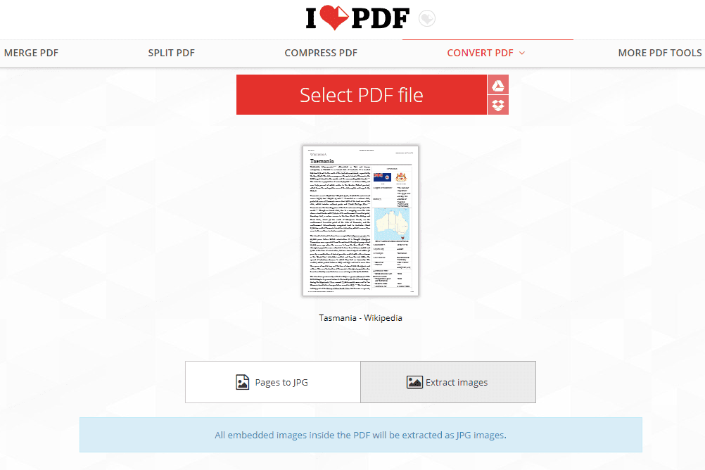 Web iLovePDF převádějící PDF do JPG