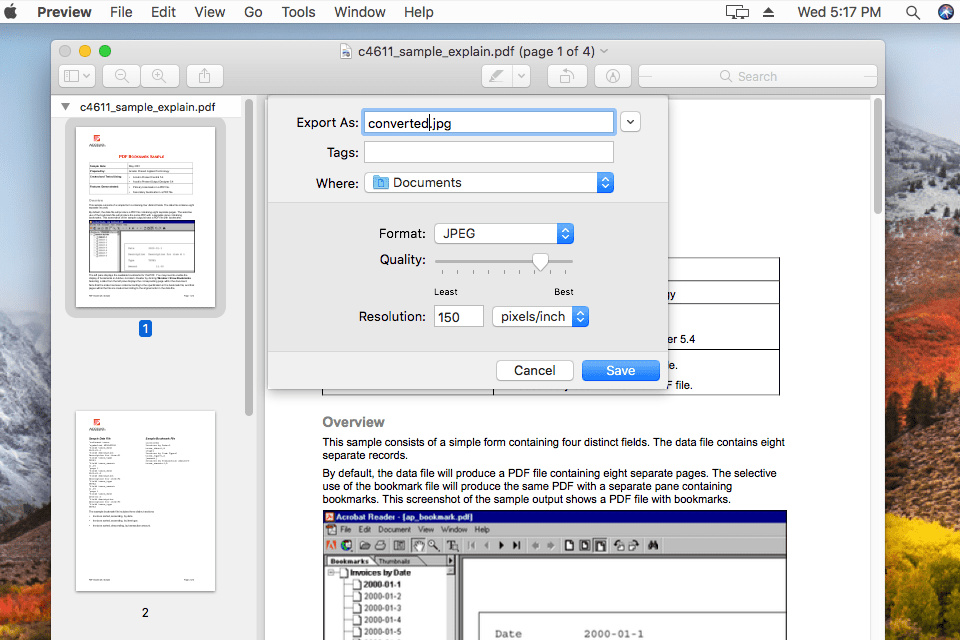 Převaděč PDF na JPG v Náhledu pro macOS