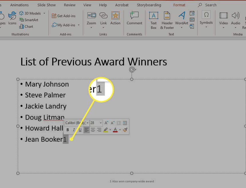 zvýrazněný indikátor poznámky pod čarou v PowerPointu pro Windows