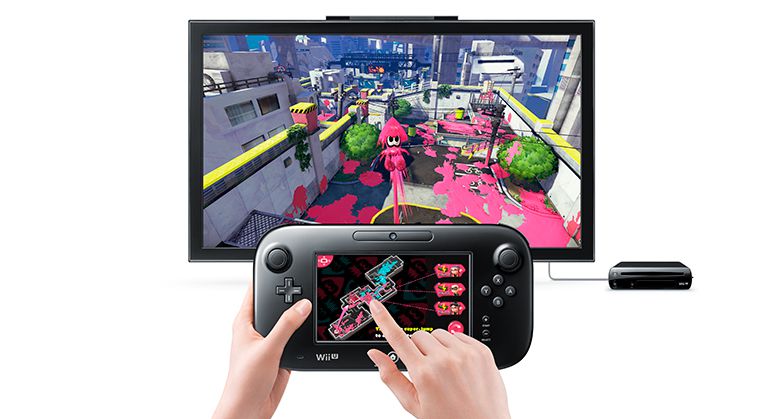 Obrazovka ze hry Splatoon hry Wii U Nintendo s ovladačem v rukou