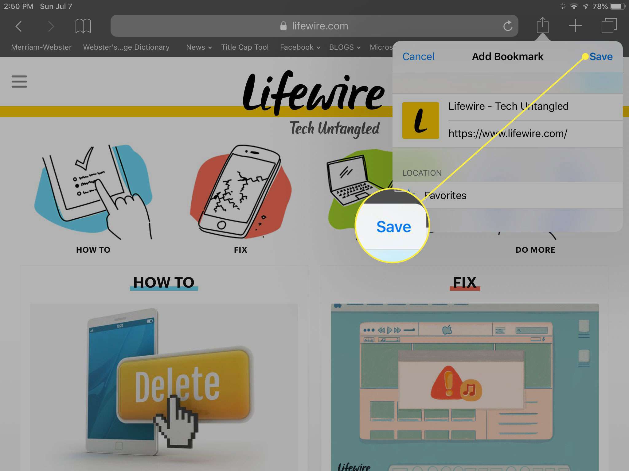 Snímek obrazovky okna Přidat záložku v Safari na iPadu se zvýrazněným tlačítkem Uložit