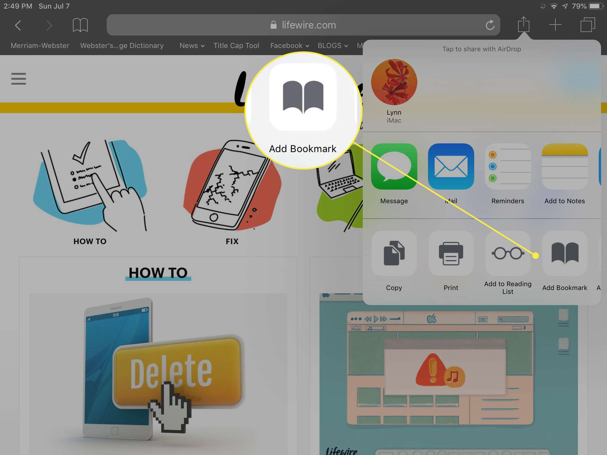 Snímek obrazovky nabídky Sdílet v Safari na iPadu se zvýrazněným tlačítkem Přidat záložku
