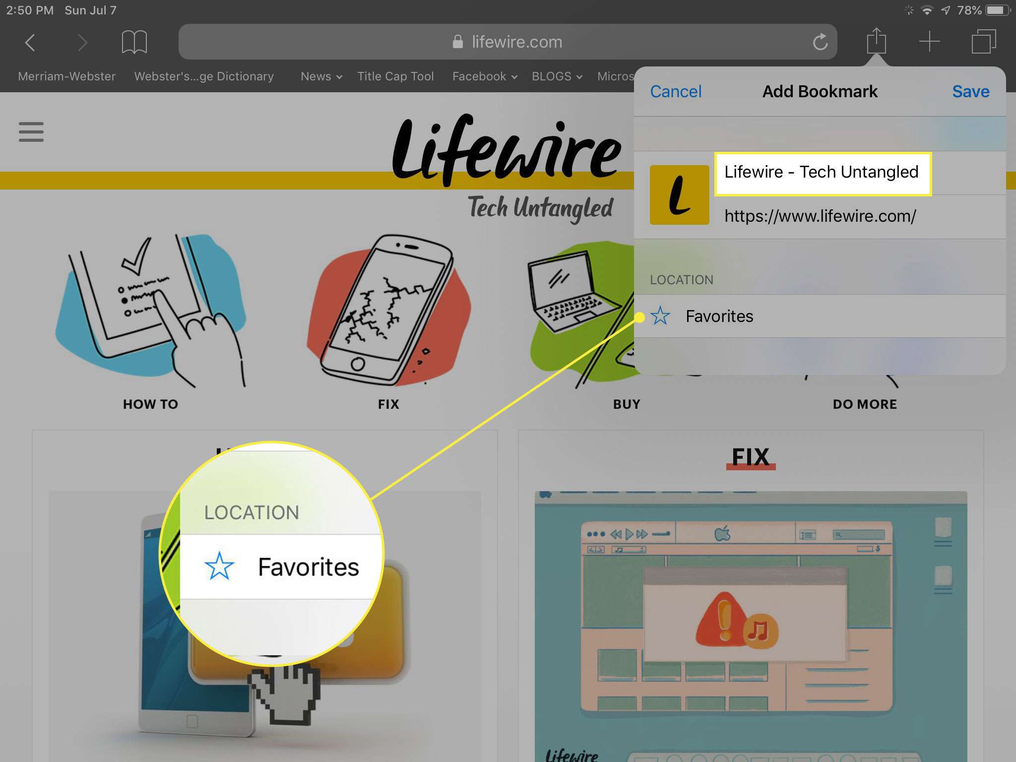 Snímek obrazovky s nabídkou Sdílet v Safari na iPadu se zvýrazněným polem Název záložky a tlačítkem Oblíbené