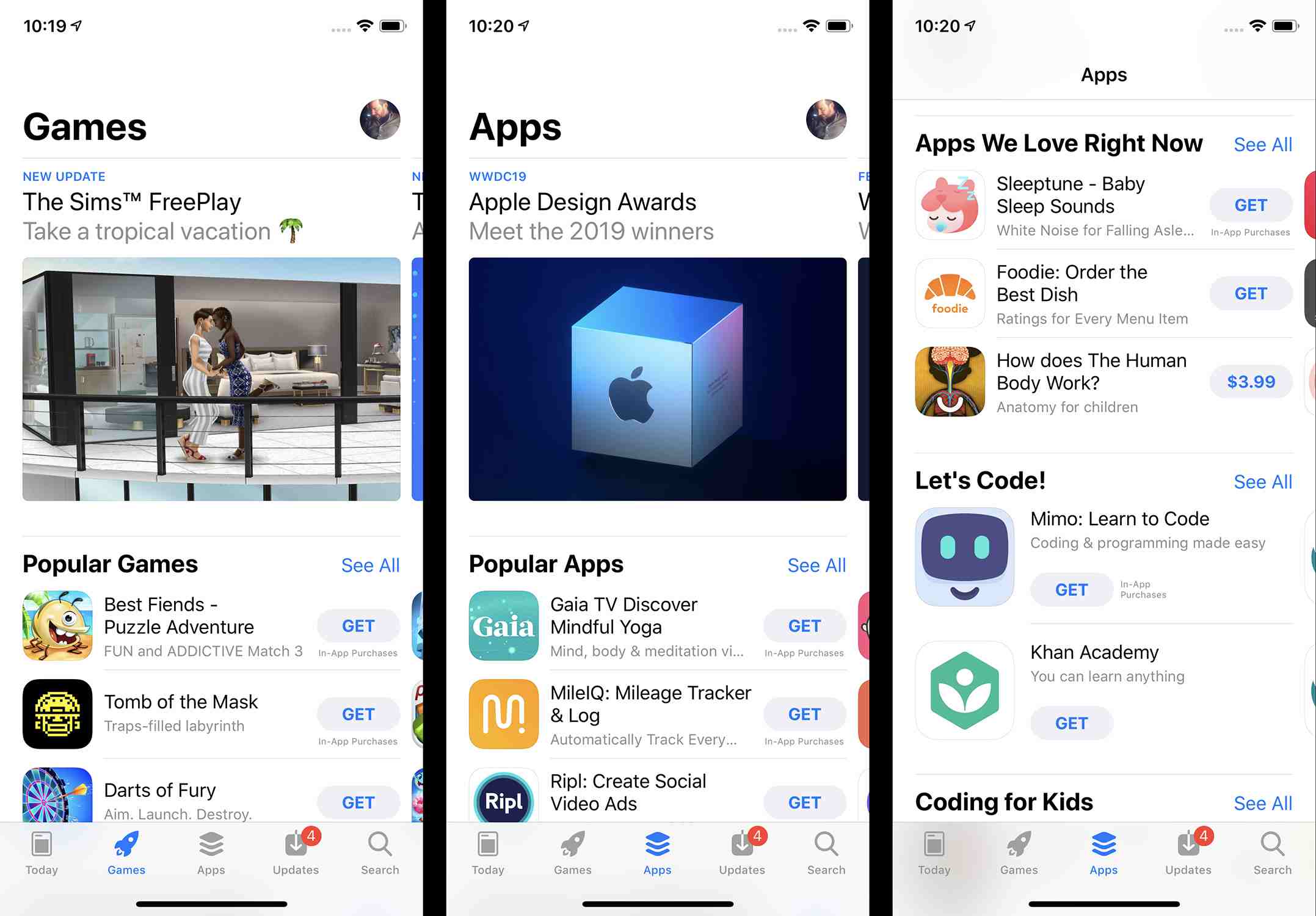 Snímek obrazovky karet Hry a Aplikace v App Storu