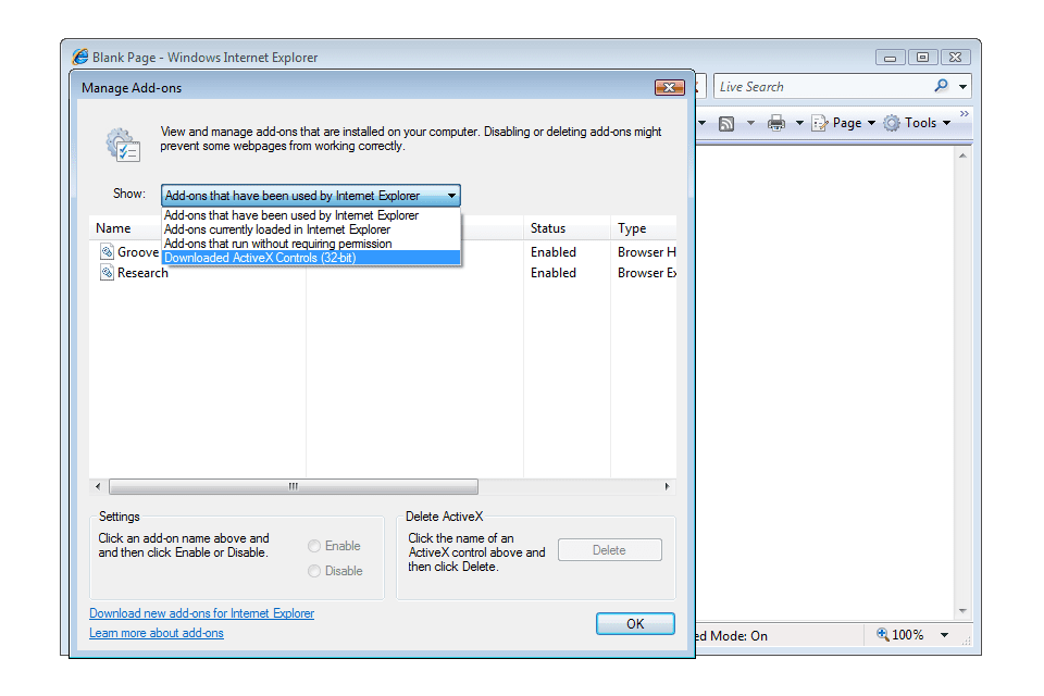 Stažena položka nabídky ovládacích prvků activex v aplikaci Internet Explorer
