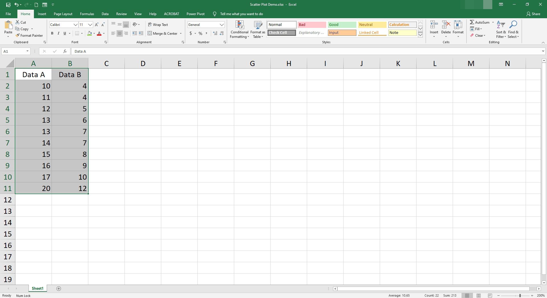 V Excelu byly vybrány dva sloupce dat.