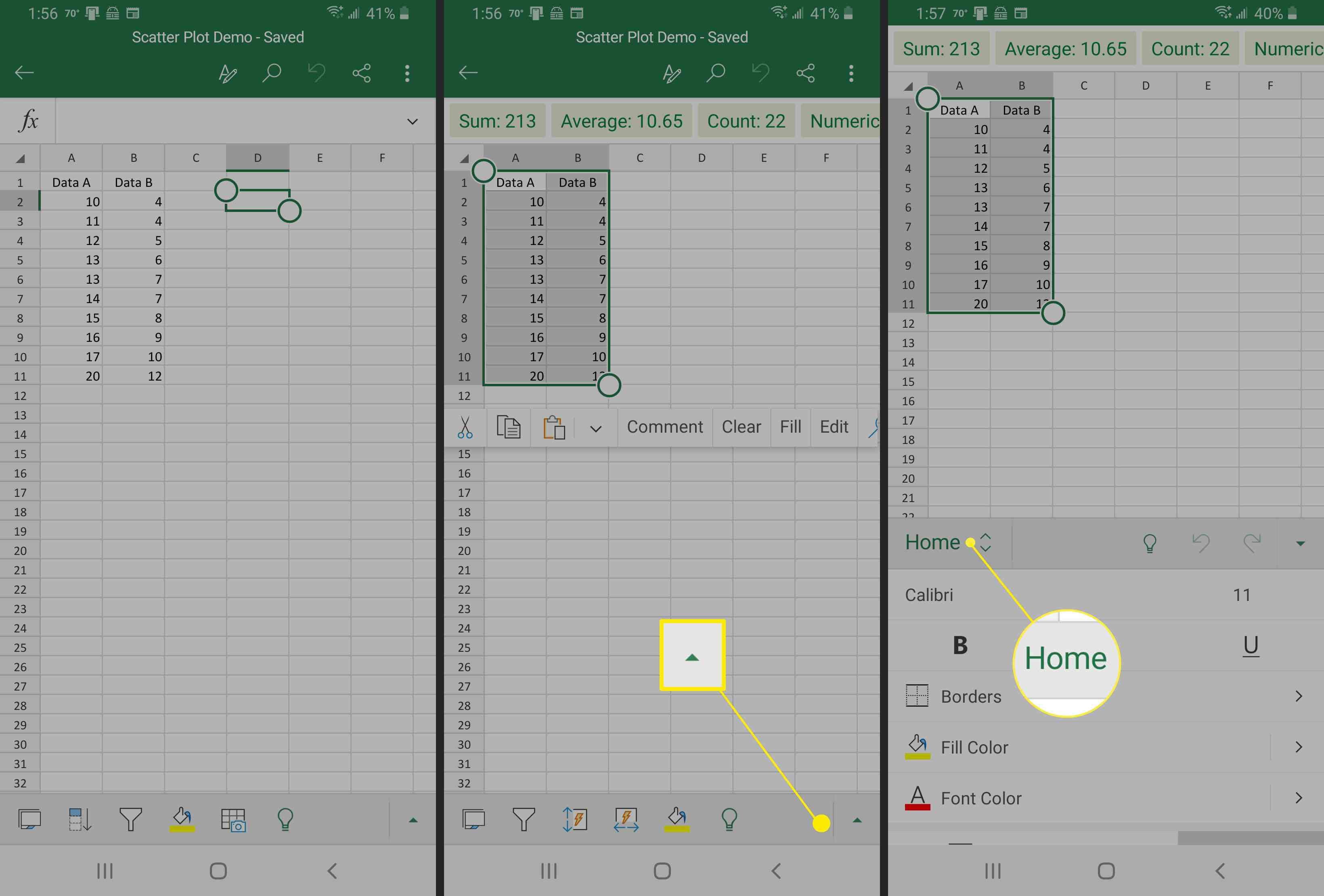 Snímky obrazovky Excelu na Androidu ukazují: Vložit nabídku, Graf, XY (Nabídka rozptylu)