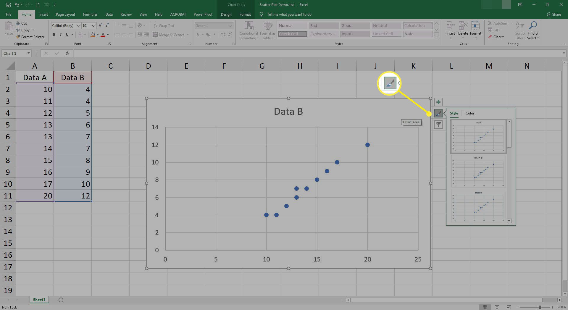 Změna barev a stylů bodového grafu v aplikaci Excel.