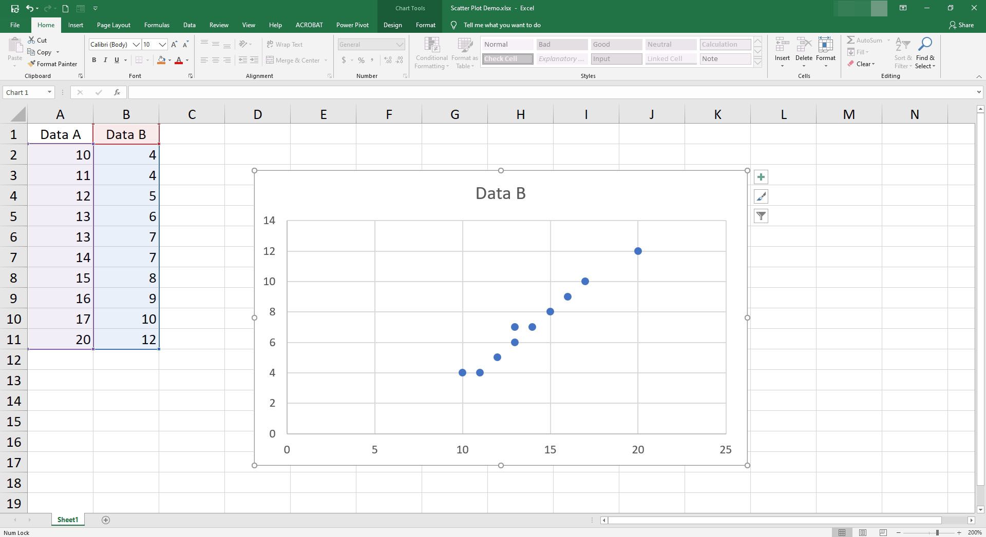 Bodový graf je vybrán v aplikaci Excel.
