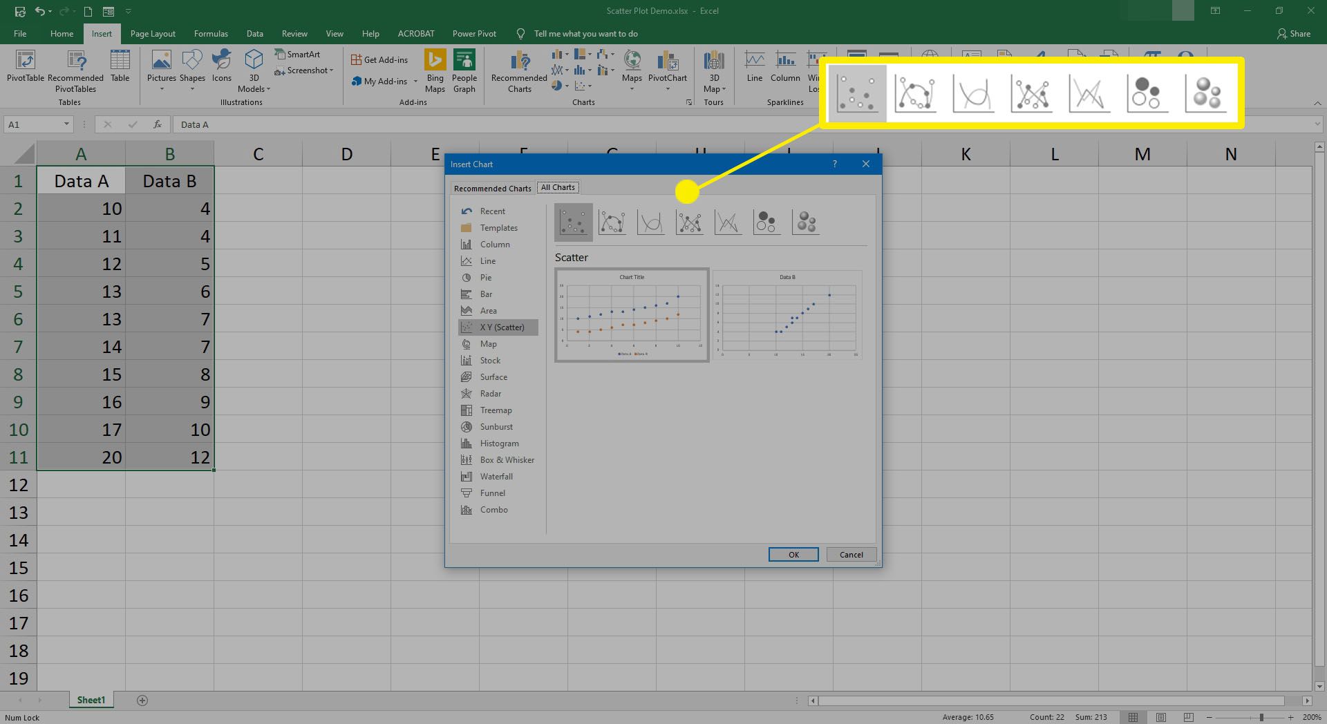 Snímek obrazovky s výběrem toho, jaký typ bodového grafu použít v aplikaci Excel.