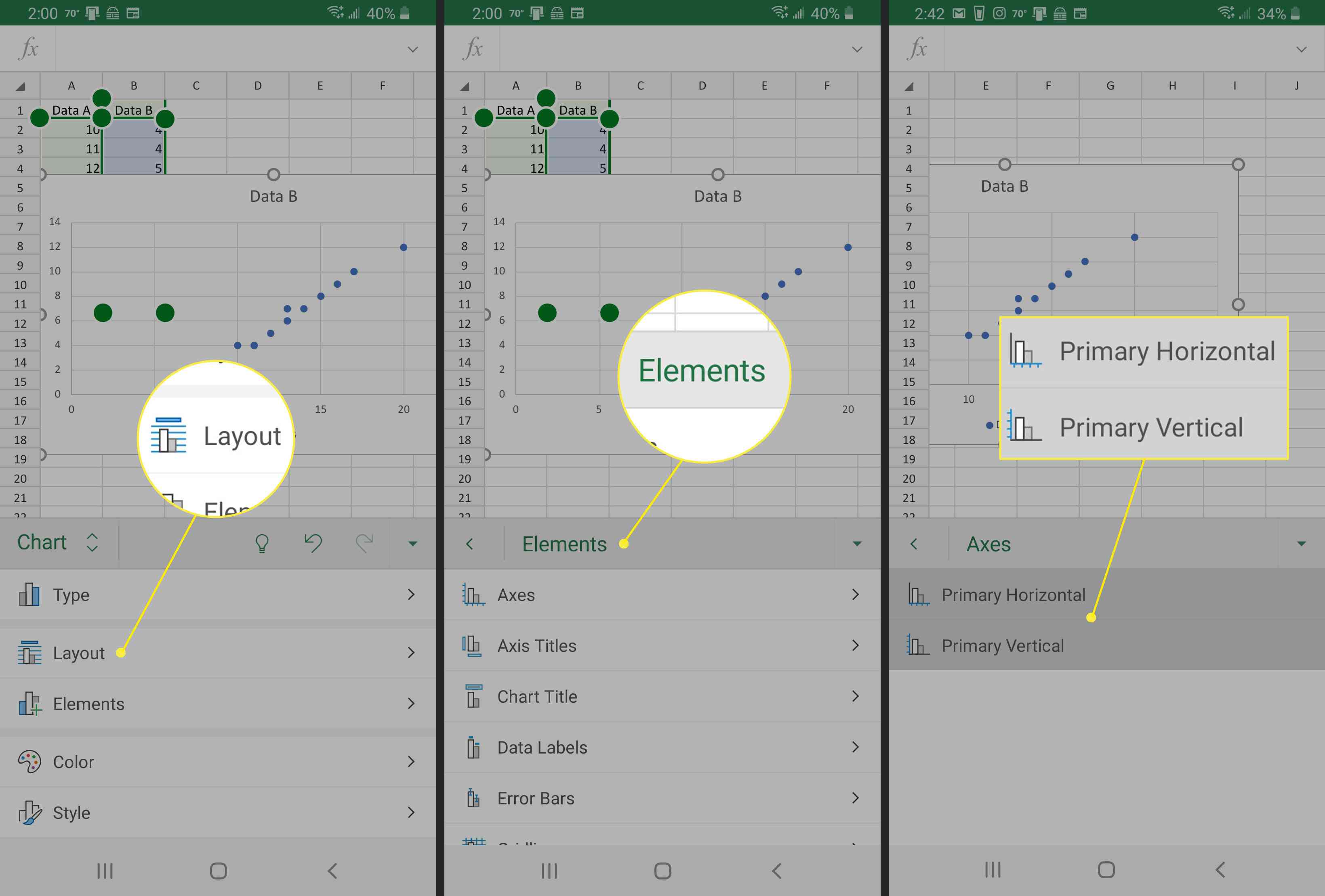 Snímky obrazovky Excelu pro Android: (vlevo) klepnutím na graf vyberte, (uprostřed) Možnosti úprav prvku grafu, (vpravo) upravte názvy os