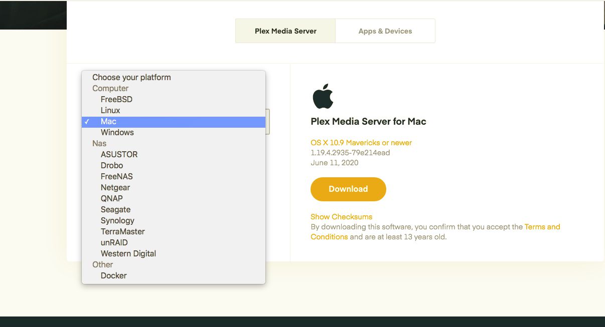 Na kartě Server Plex Media vyberte svou platformu