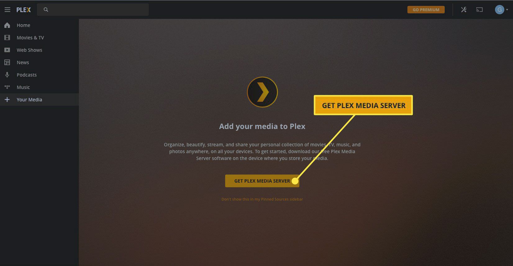 Tlačítko „Získat server médií Plex“