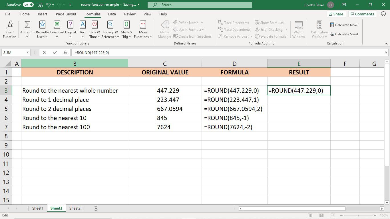 Výsledek funkce ROUND v listu aplikace Excel