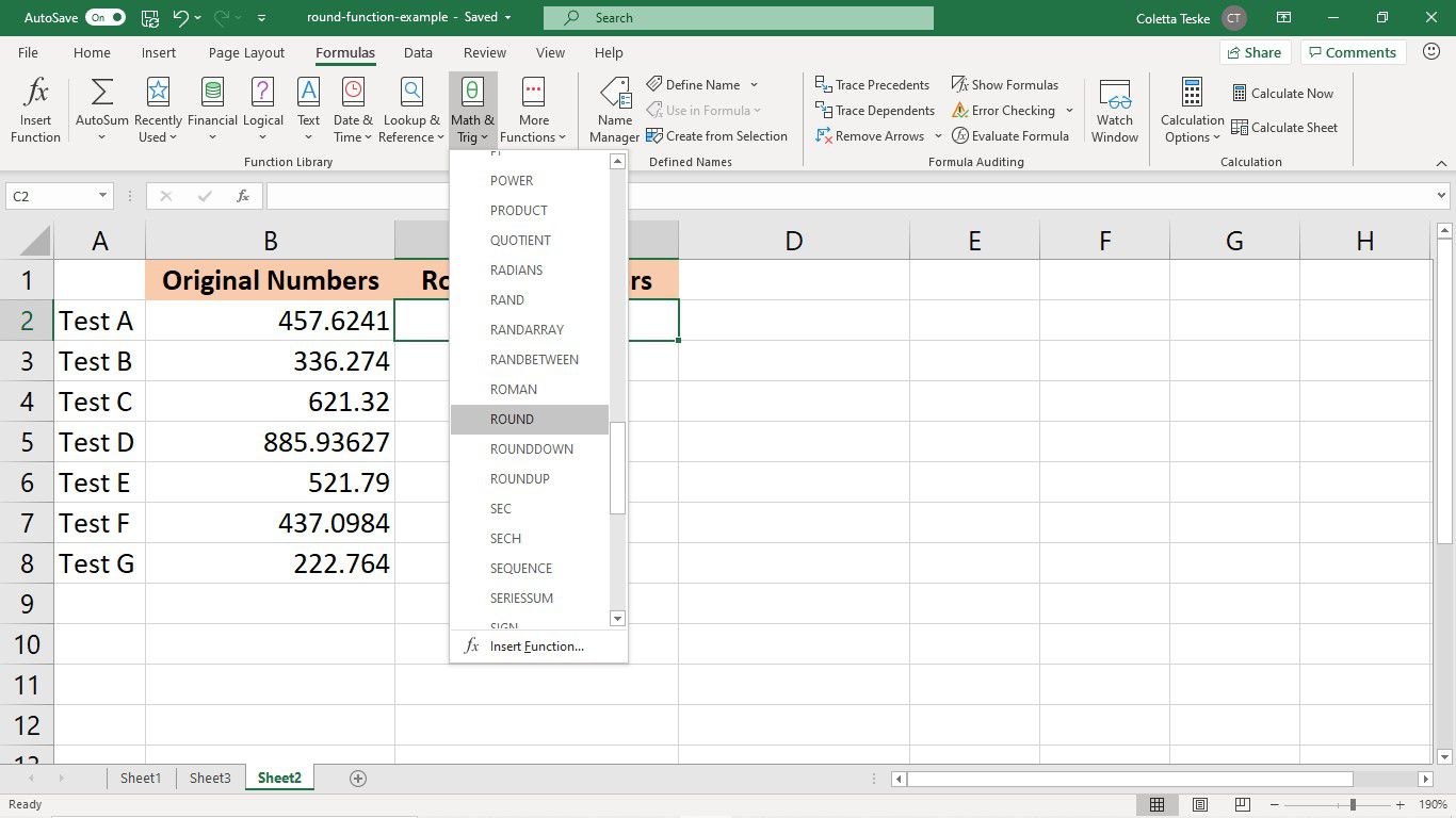 Karta Vzorce v Excelu s vybranou funkcí ROUND