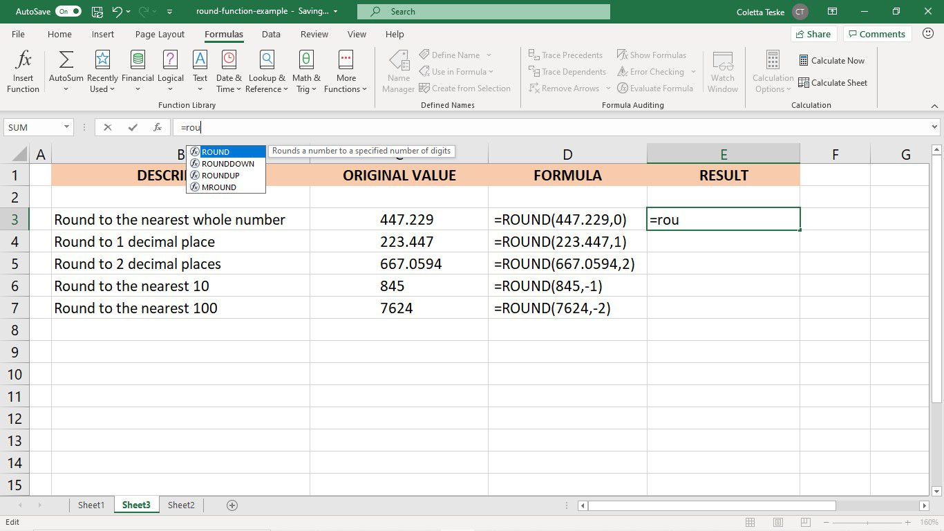 Do řádku vzorců aplikace Excel zadejte funkci ROUND.