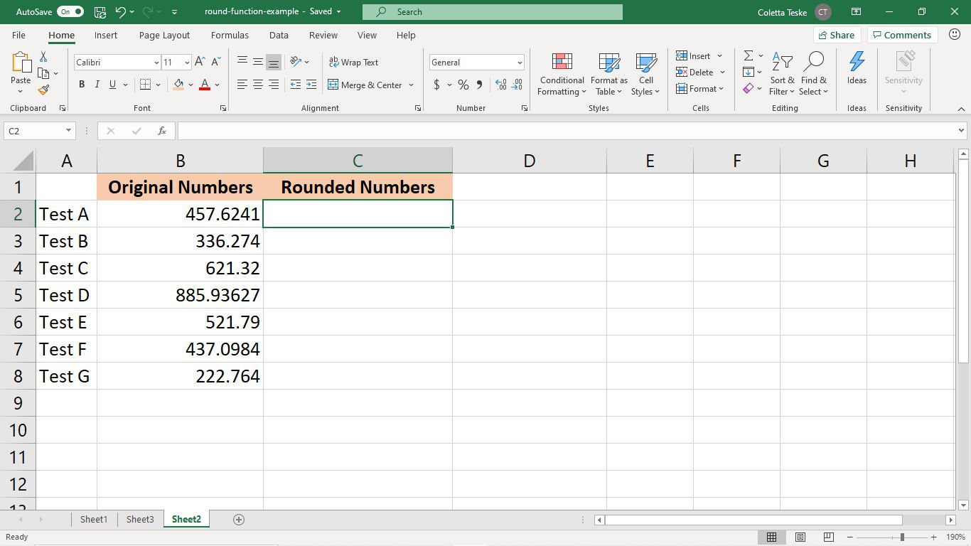 Příklad dat pro funkci Excel ROUND