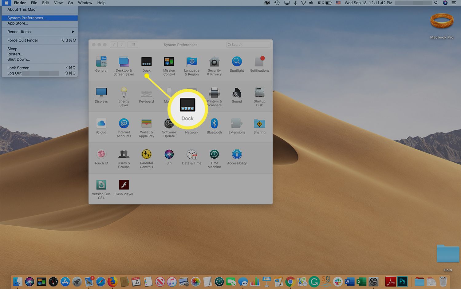 Dock ikona na obrazovce System Preferences na Macu
