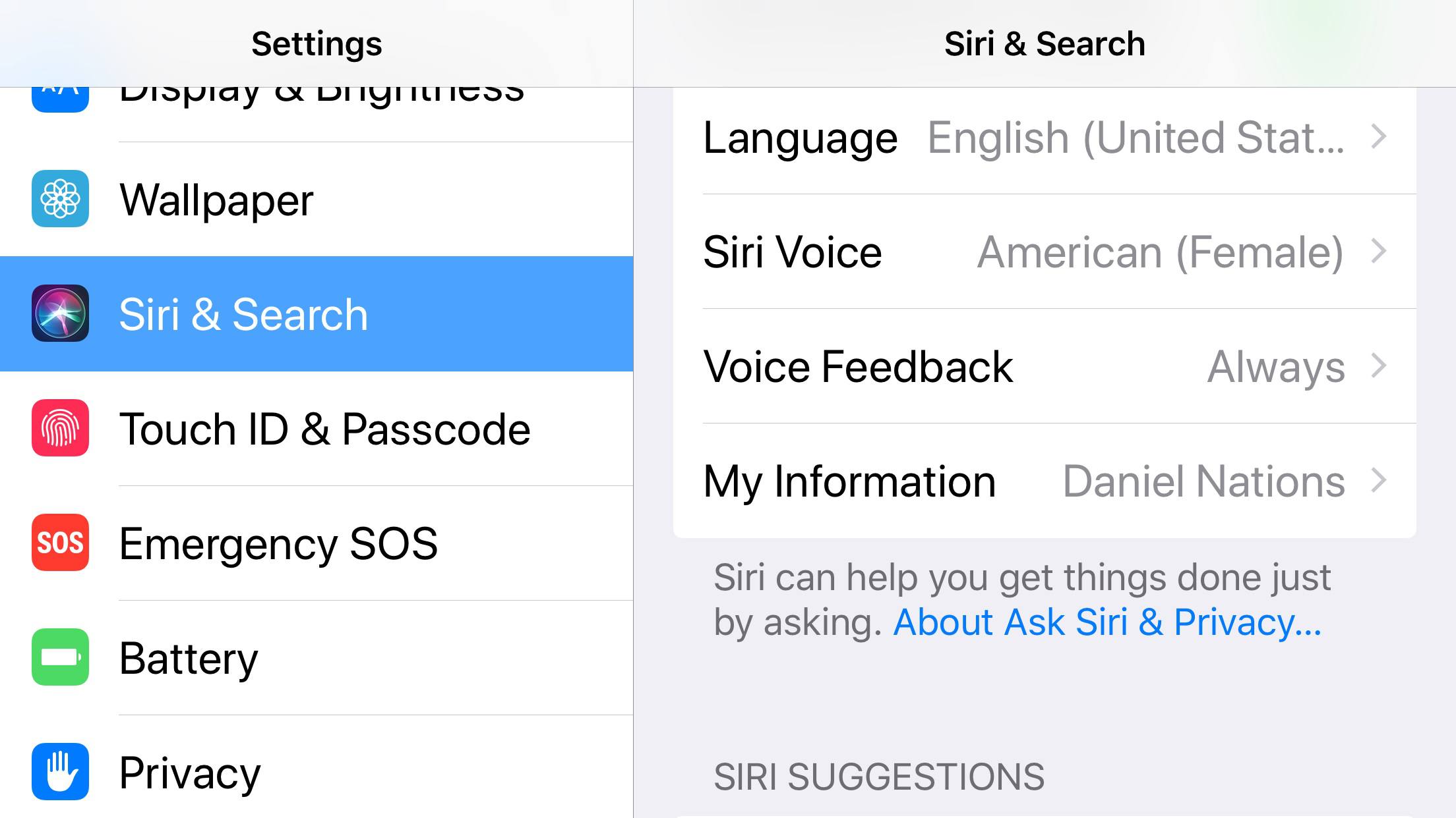 Snímek obrazovky nastavení jazyka iPhone pro Siri