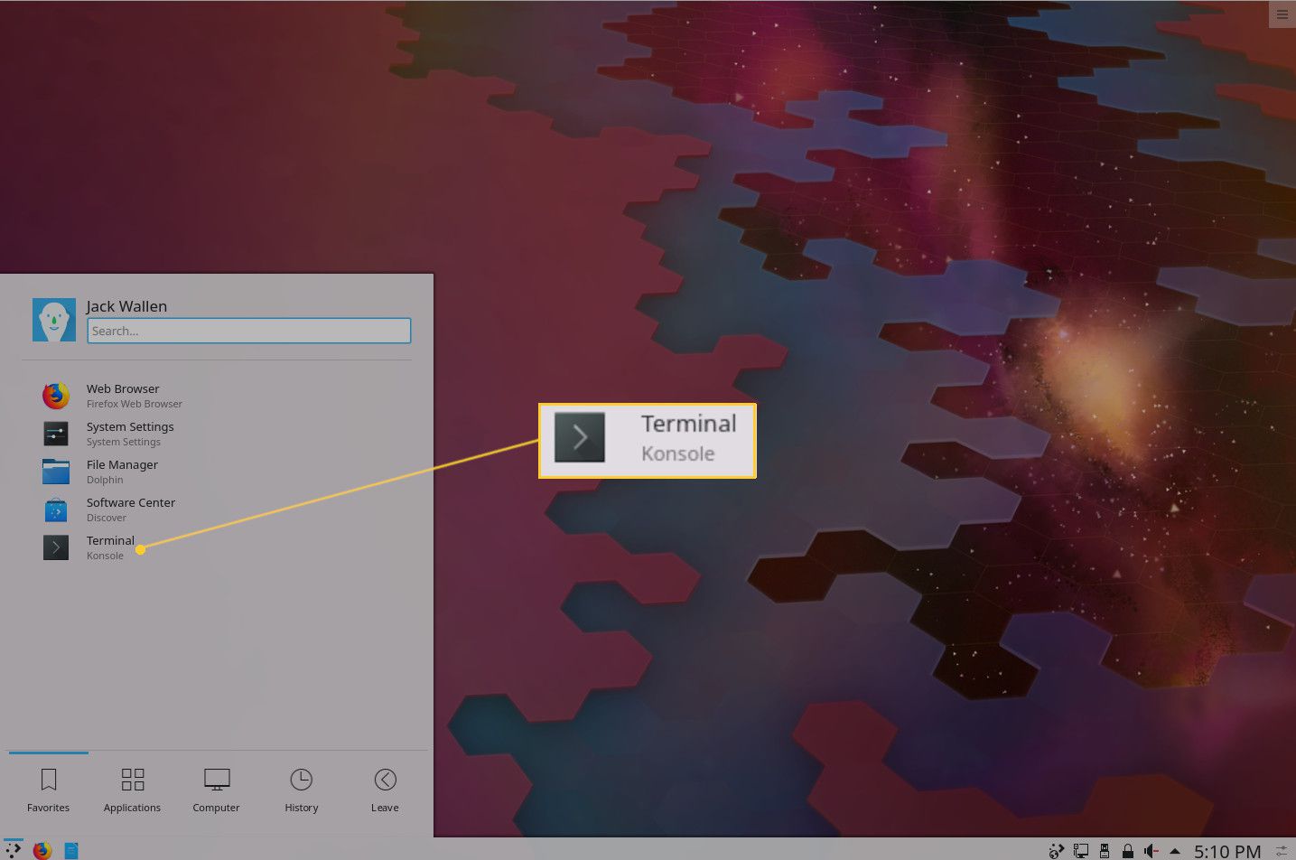 Screenshot položky Terminal v nabídce KDE Plasma.