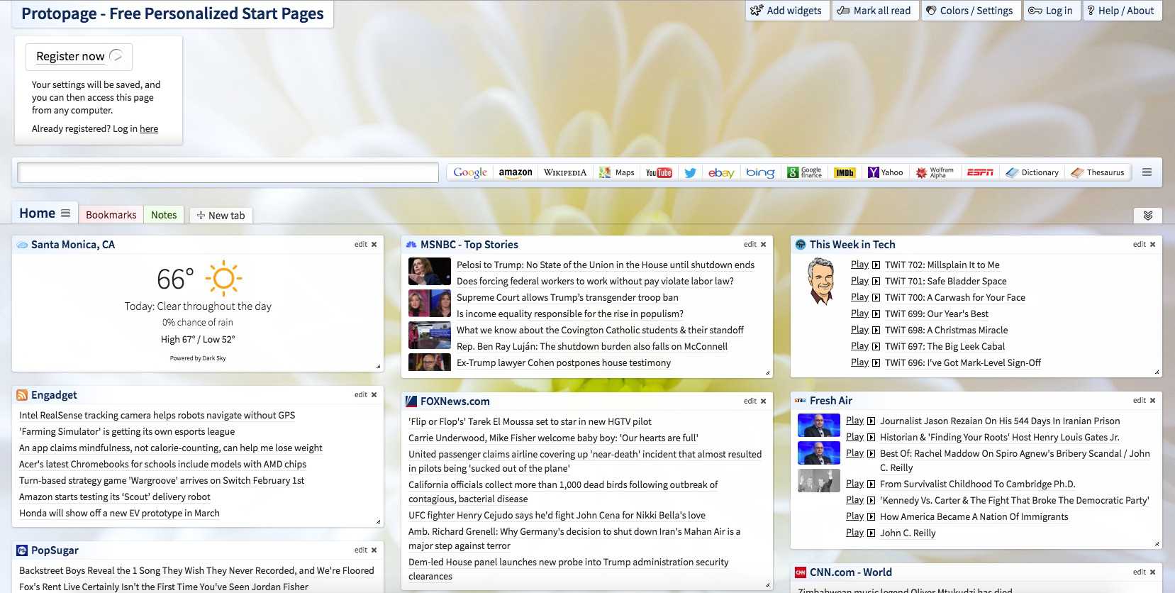 Snímek obrazovky Protopage.com.