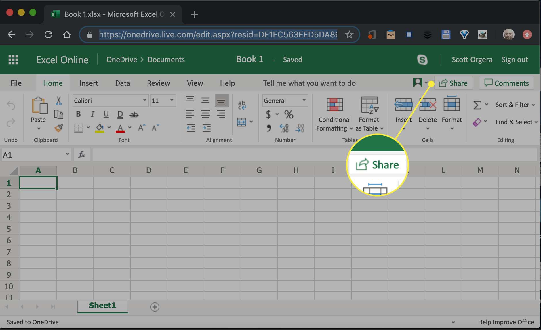 Tlačítko Sdílet v Excelu Online