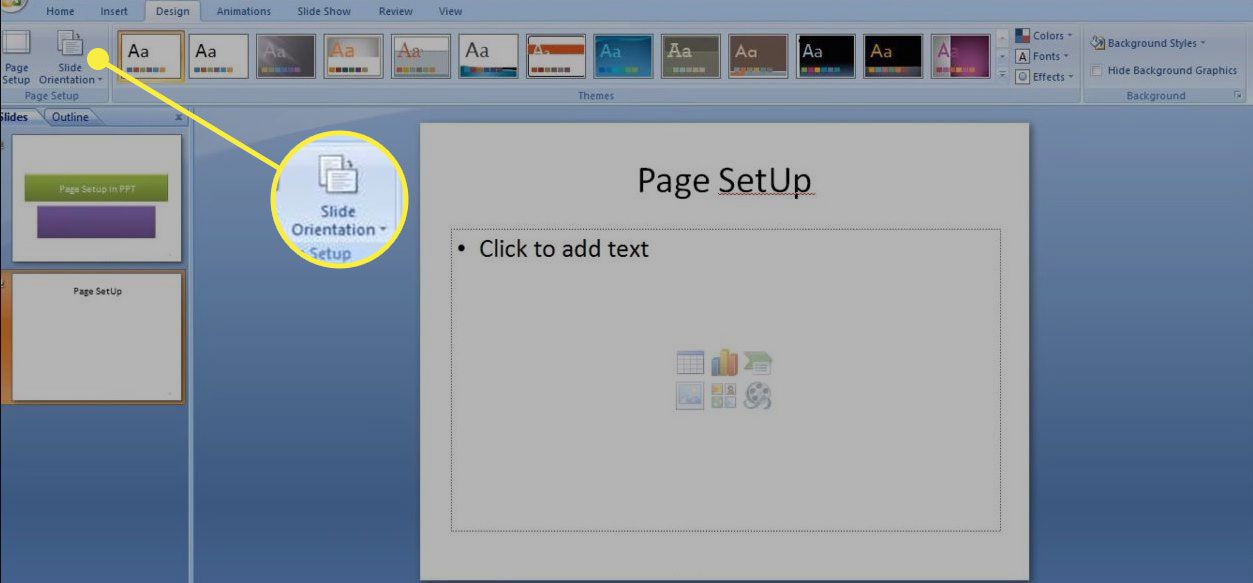 Snímek obrazovky aplikace Powerpoint se zvýrazněným tlačítkem Orientace snímku