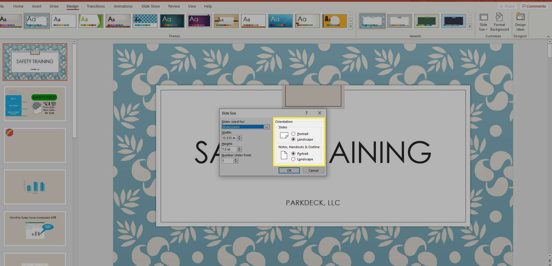 Snímek obrazovky okna Velikost snímku Powerpointu se zvýrazněnou sekcí Orientace