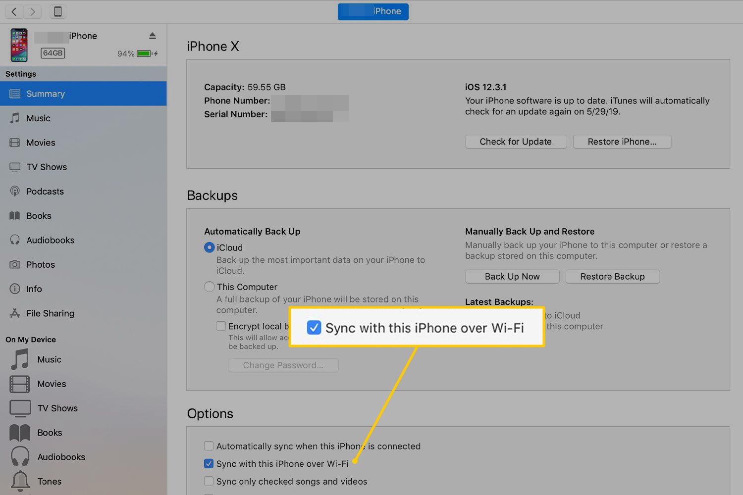 V iTunes zaškrtněte políčko s tímto iPhonem přes Wi-Fi
