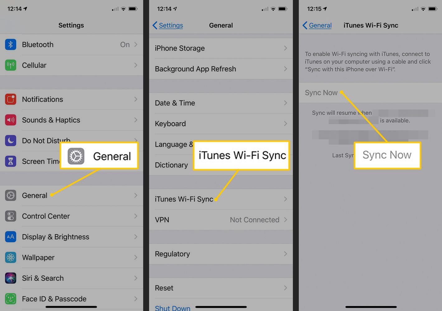 Obecné, iTunes Wi-Fi Sync, Sync Now tlačítka v nastavení iOS