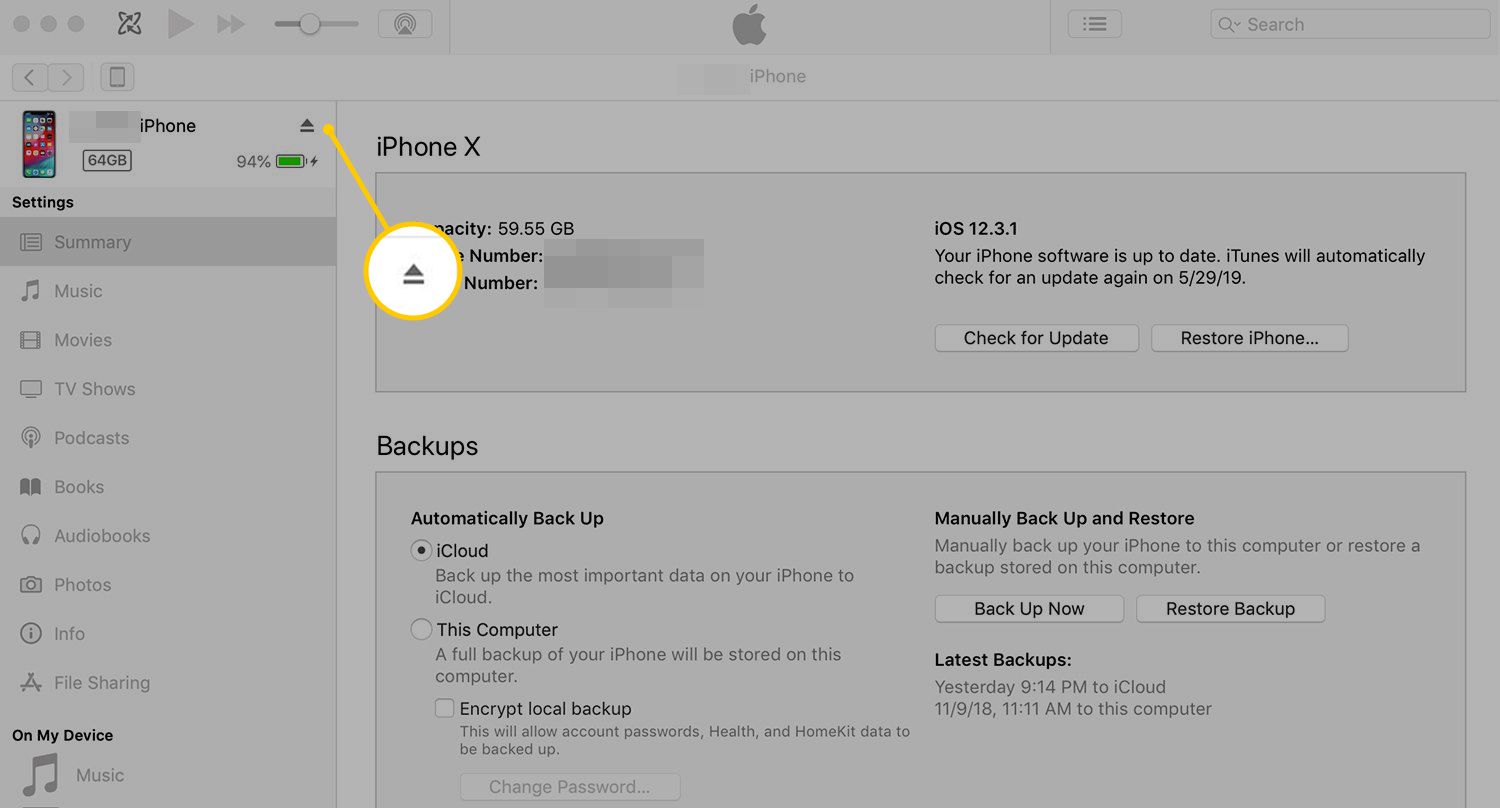 Vysuňte tlačítko iPhone v iTunes