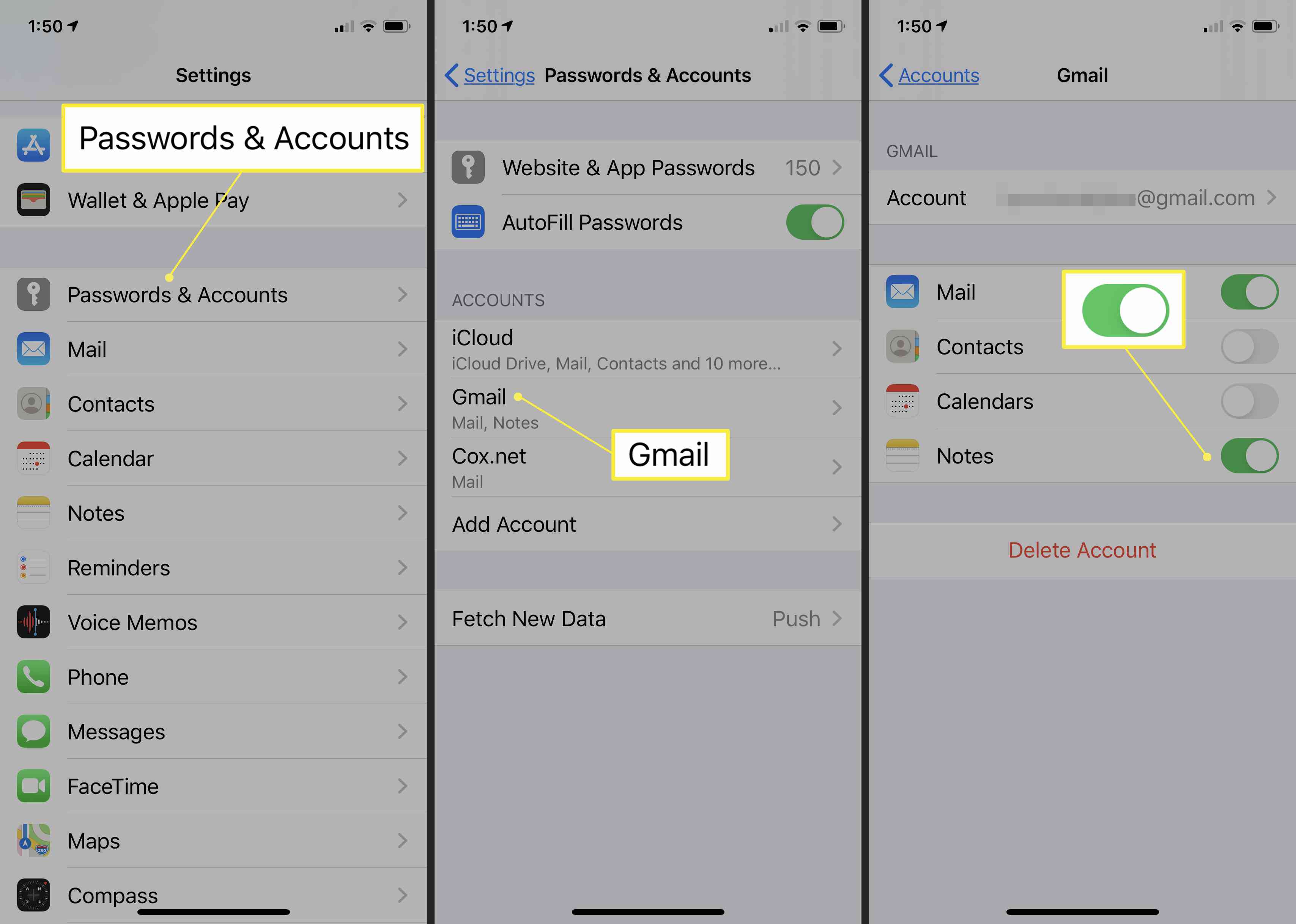 Kontrola nastavení e -mailového účtu pro odstraněné poznámky na iPhone