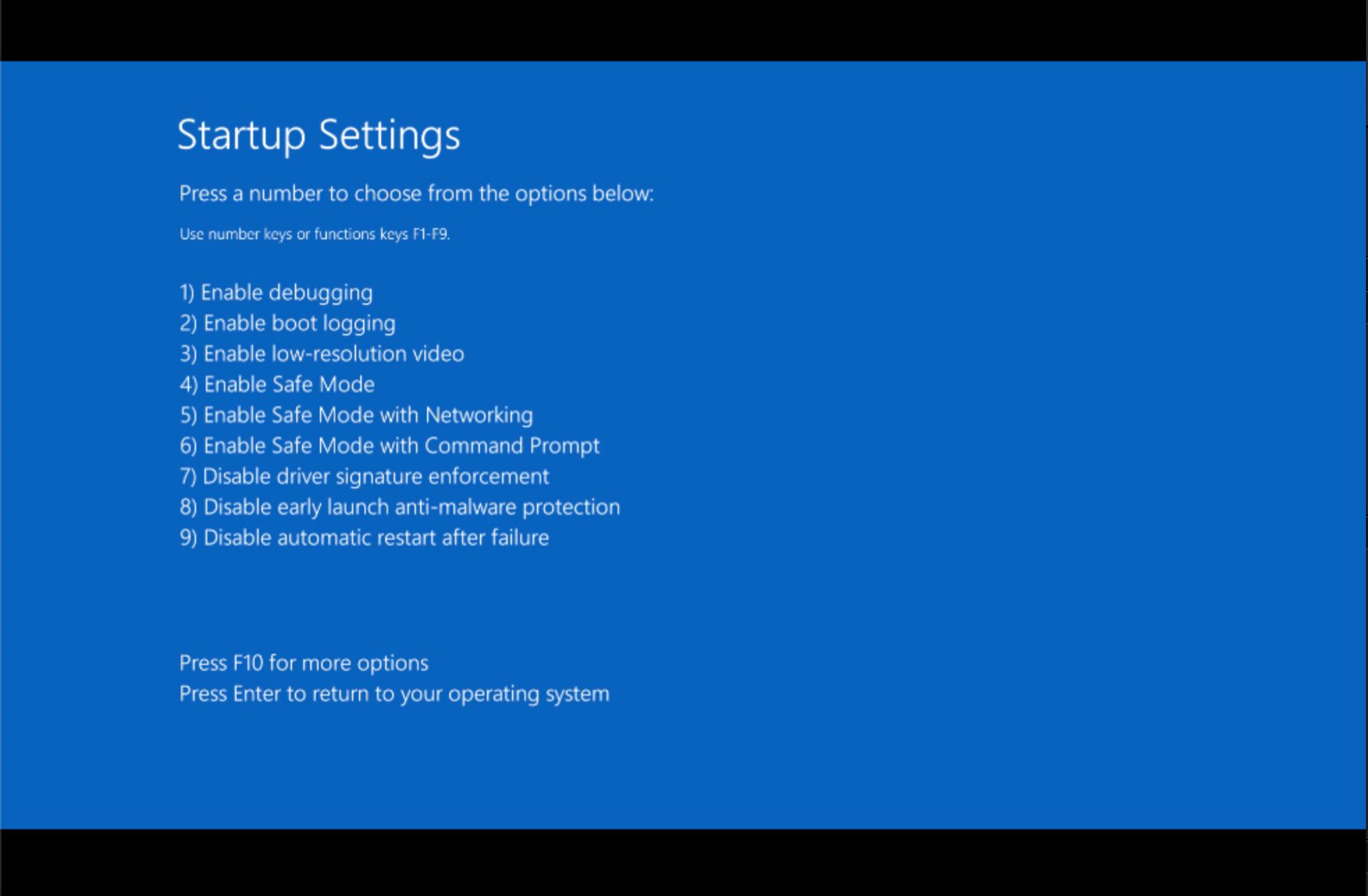 Nastavení spouštění pro PC s Windows, včetně možností Nouzového režimu