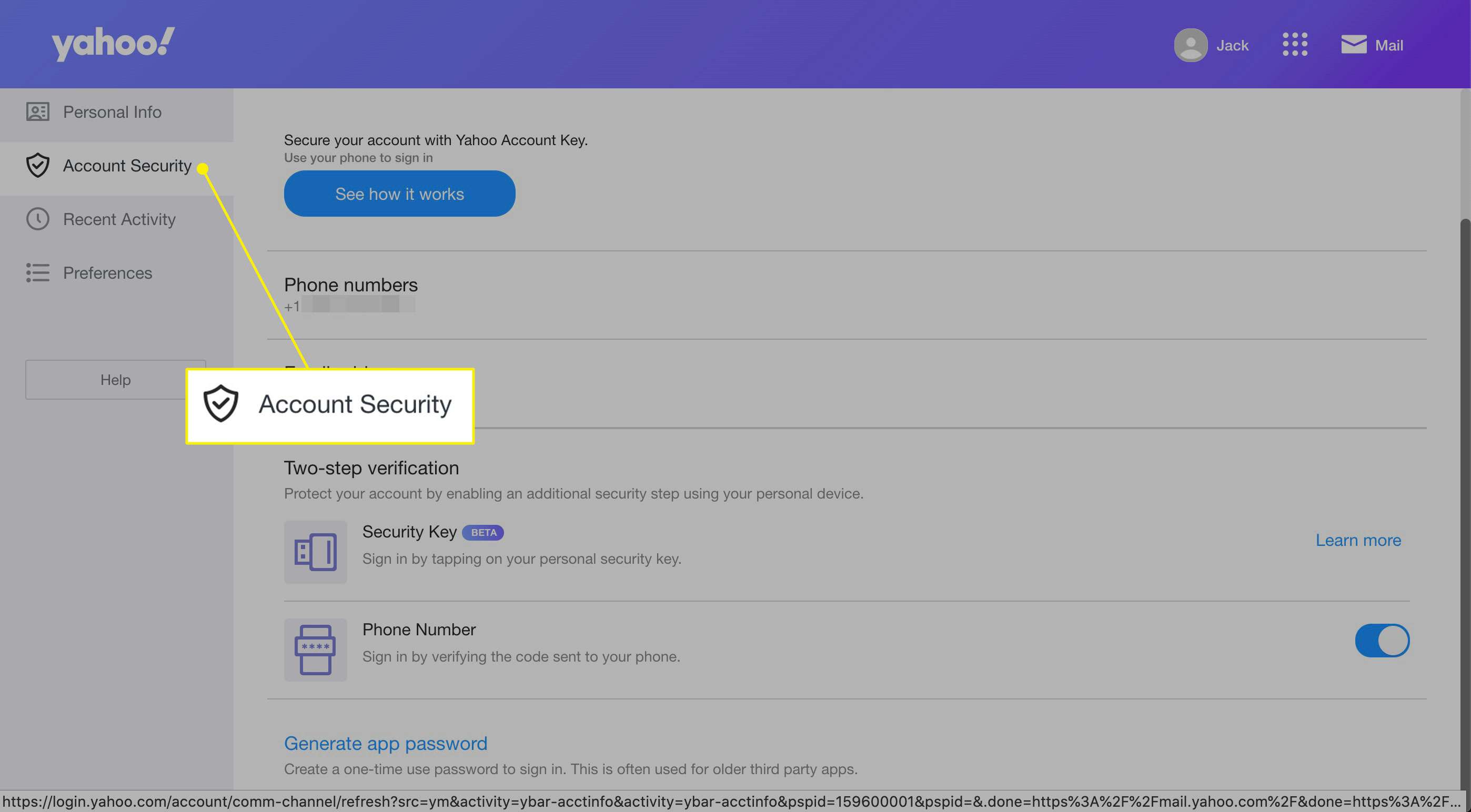 Nadpis Zabezpečení účtu na Yahoo