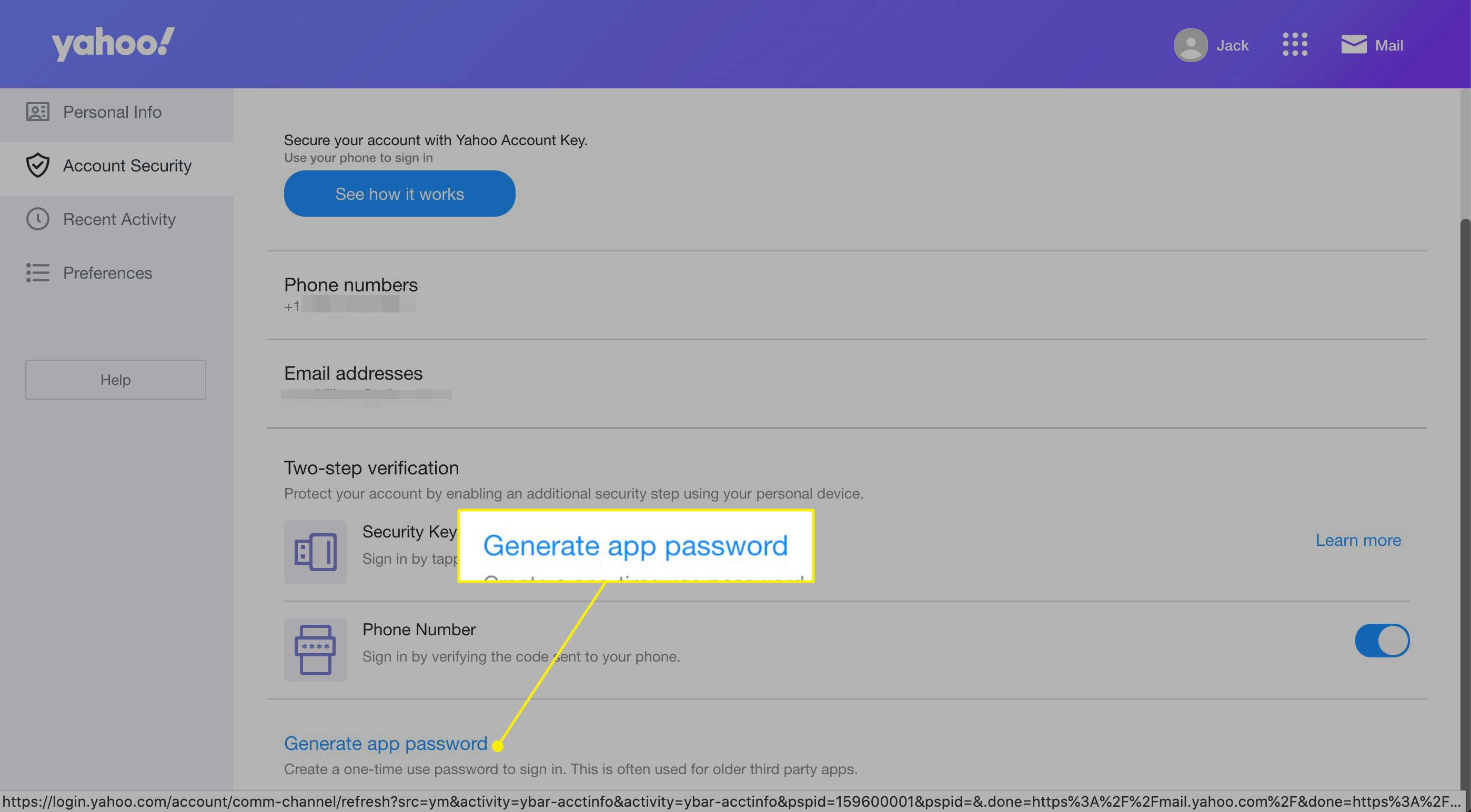 Vygenerujte heslo aplikace v Zabezpečení účtu Yahoo