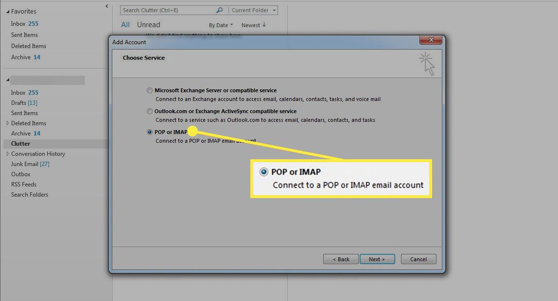 Možnost POP nebo IMAP v nastavení účtu Outlook