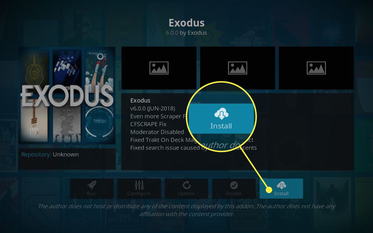Tlačítko Instalovat pro Exodus