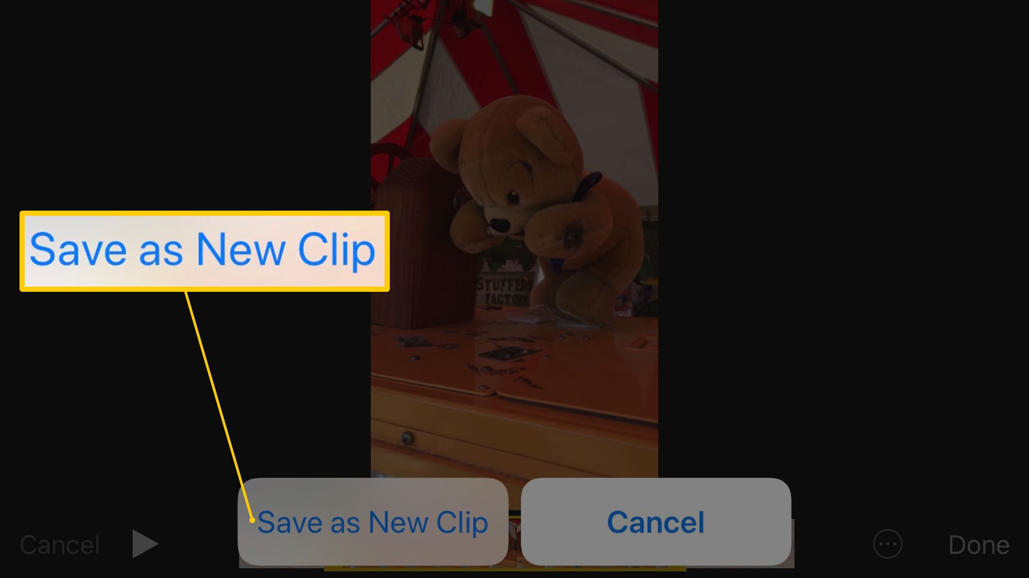 Tlačítko Uložit jako nový klip v procesu úprav v aplikaci Fotky iOS 12 na iPhonu 8 Plus