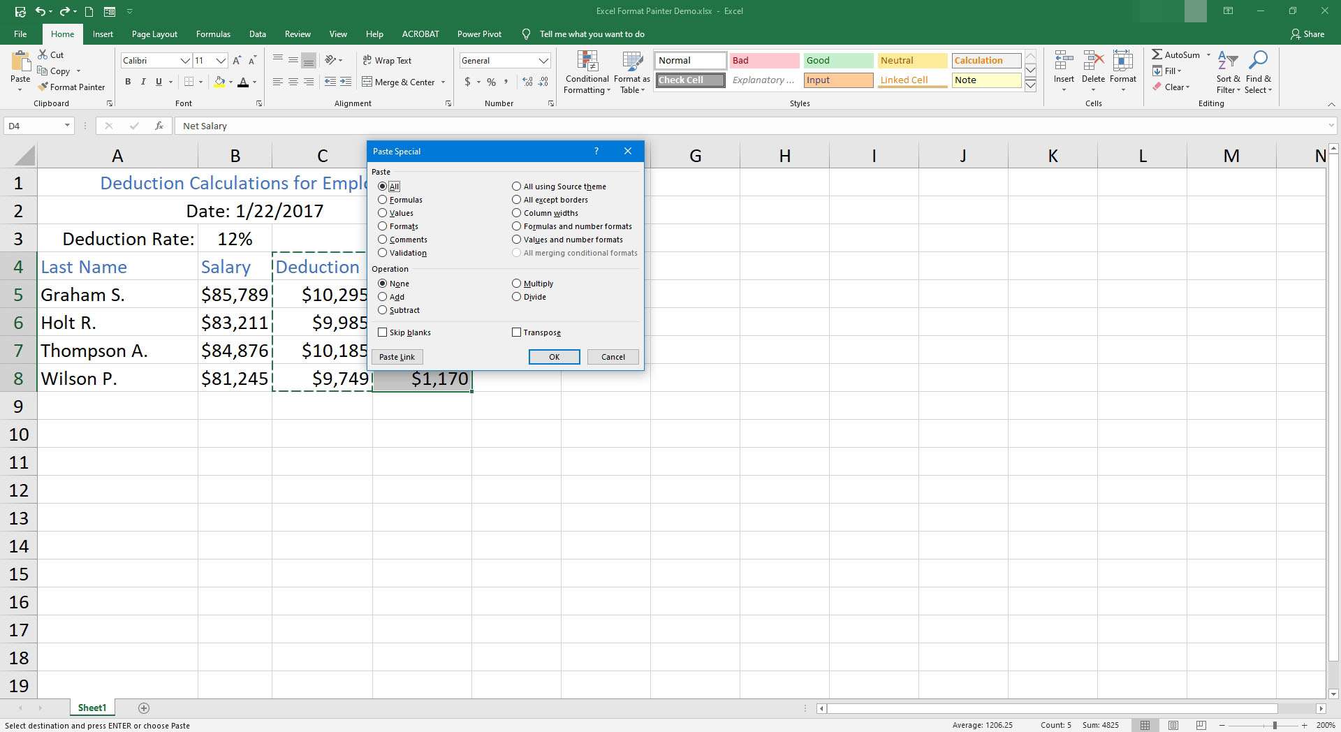 Dialogové okno Vložit speciální v aplikaci Excel.