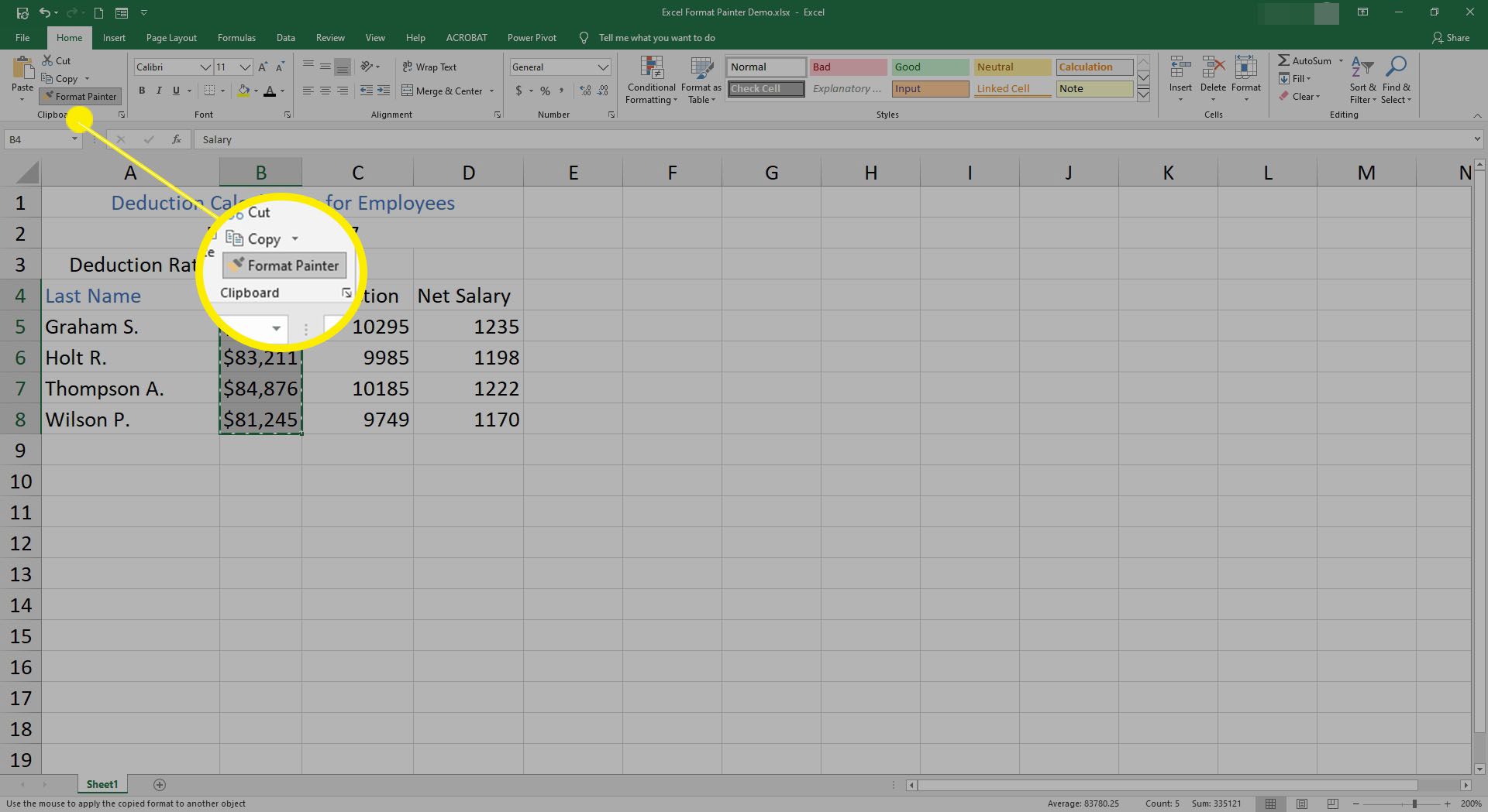 Výběr formátovacího nástroje v Excelu.