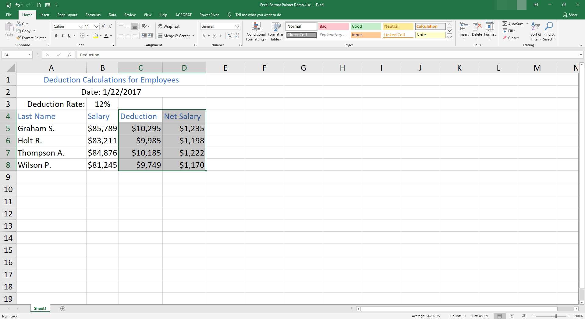 Hotový produkt malíře formátu v Excelu.